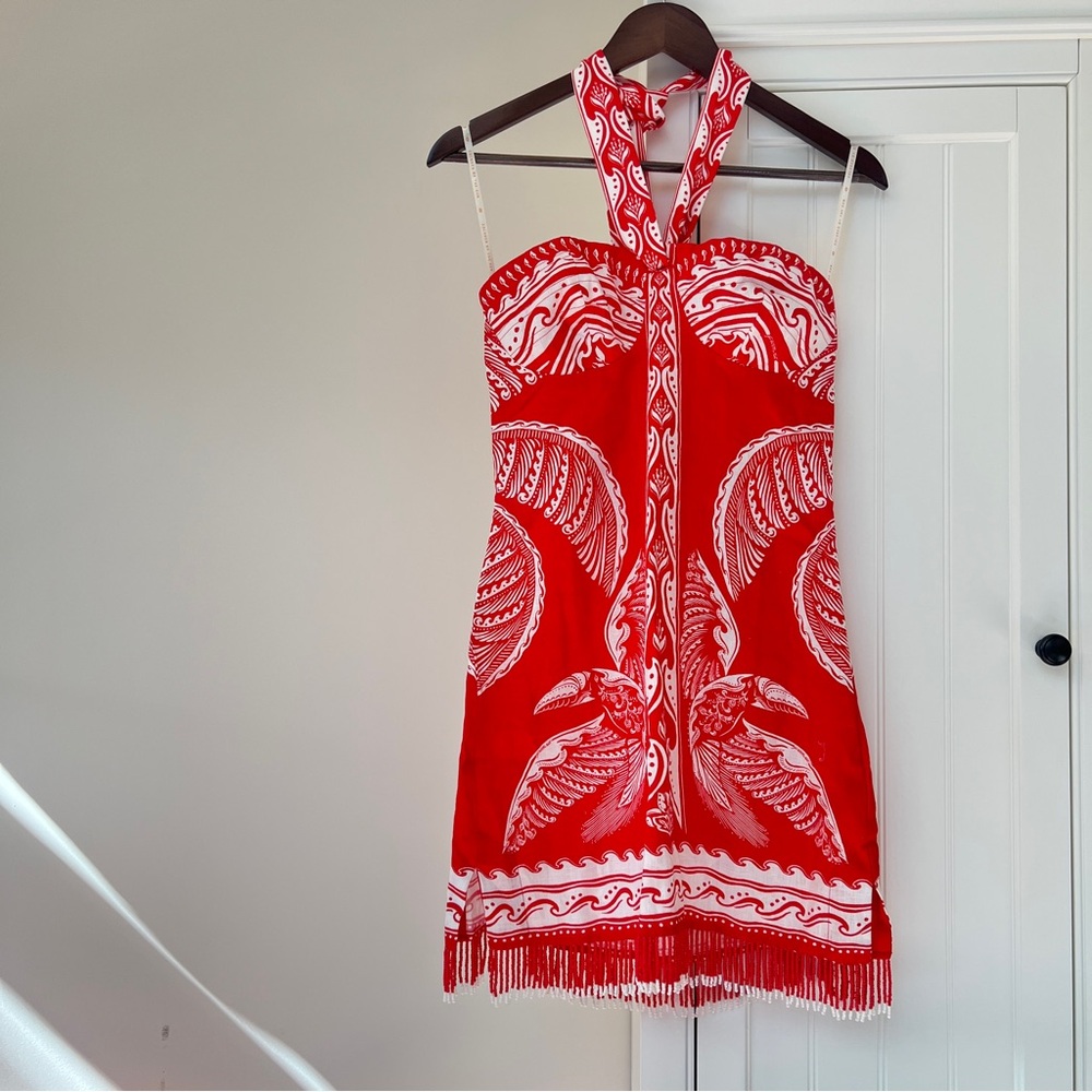FARM Rio Beaded Fringe Red Off-White Majestic Coconut Mini Dress Size Small NWT - Picture 5 of 16